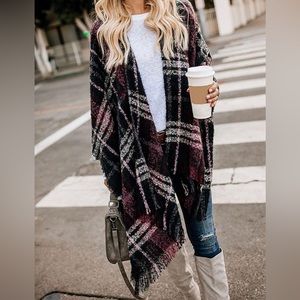 New Women Plaid Poncho Sweater Cardigan Knitted Tassel Opne Front Shawl Cape